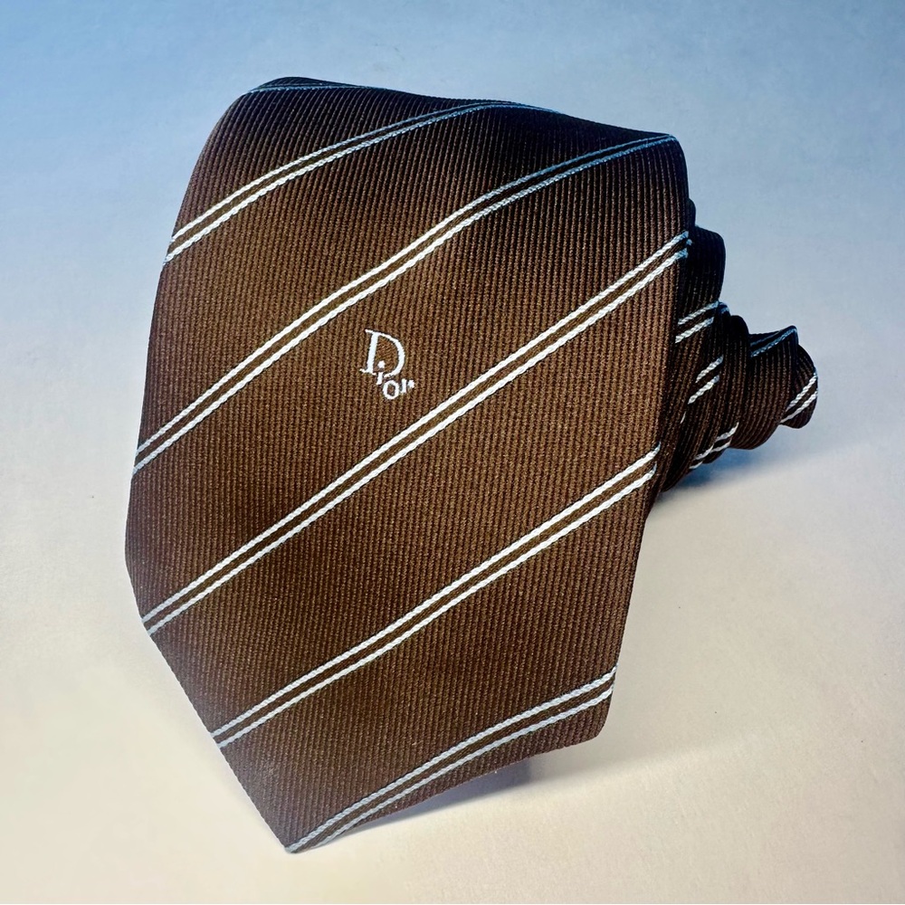 Vintage DIOR Embroidered Signature Brown Diagonal Striped Classic Tie, 3.25”